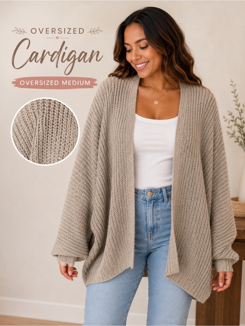 SHEIN Oversized Taupe Cardigan Sweater MEDIUM